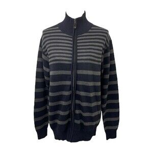 True Rock Women’s Sweater Black and Grey Striped Full Zip Turtleneck Size Large